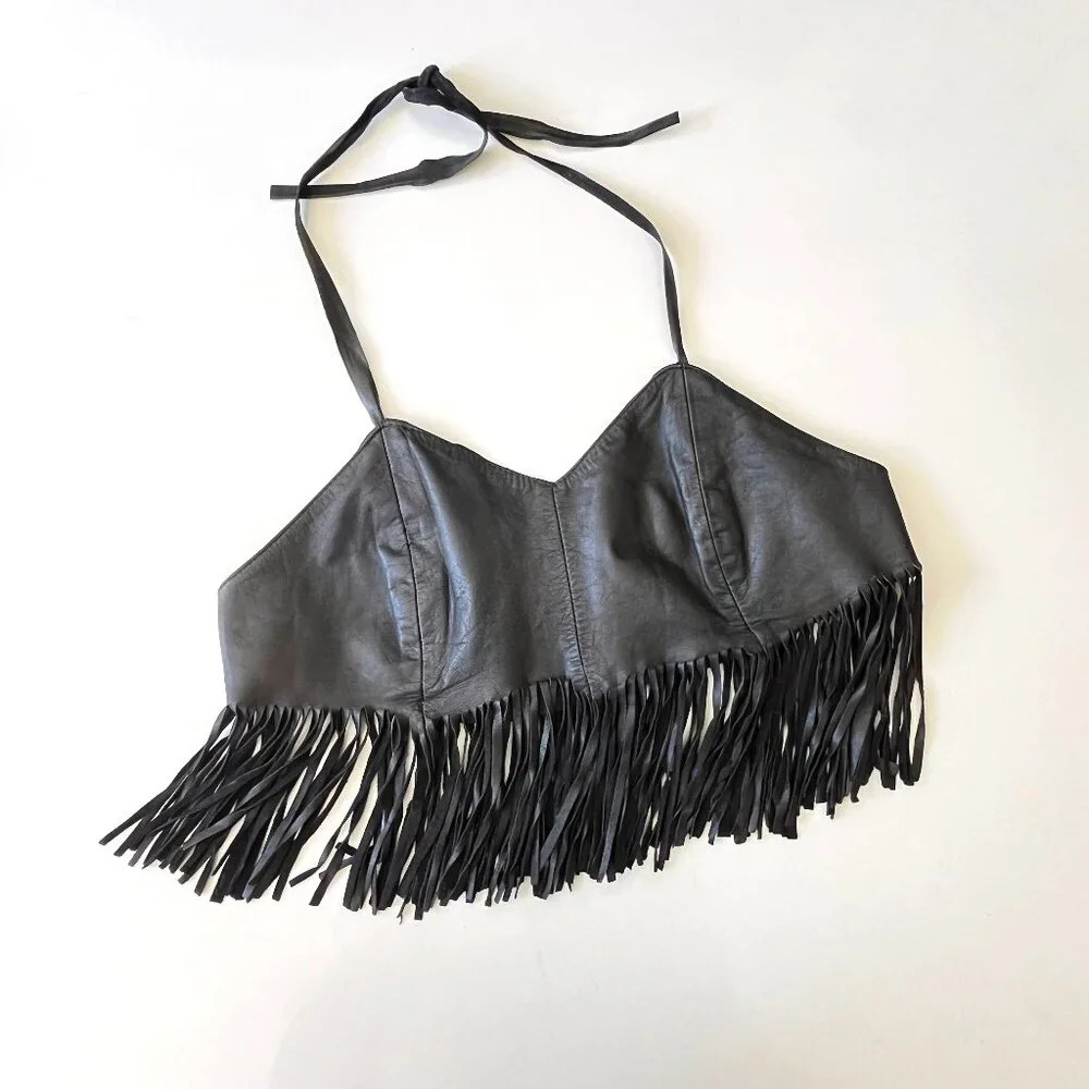 Vintage 80s Western Black Leather Fringe Halter Top Small